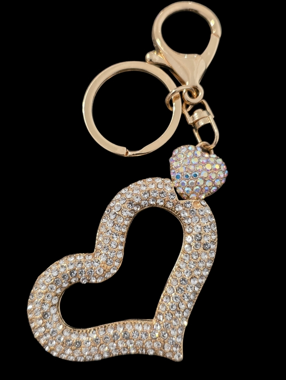 Gold Crystal Heart Bag Charm Keychain with Iridescent Accent